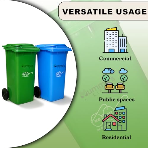 Image of Mumma's LIFE 120L Dustbin for Home | Plastic Manual-Lift Wheel Garbage Bin | Heavy Duty HDPE Waste Bin with Lid & Wheels | Green & Blue | Pack of 2