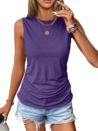 Micticsi Womens Ruched Tank Tops Crewneck Sleeveless Shirts Slim Fitted Top Dressy Casual Summer Trendy Clothes 2025 Purple