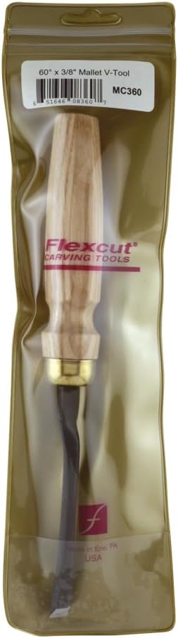Flexcut Wood Carving Gouge | 60 Degrees x 3/8 Mallet V-Tool | 1095 High Carbon Steel Blade | Ash Hardwood Handle | MC360 | Made in the U.S.A.
