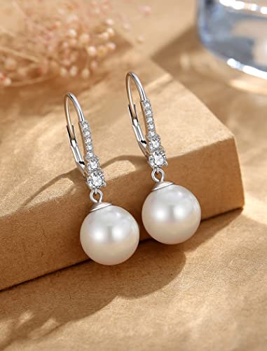 Dickbe Pearl Earrings For Women 925 Sterling Silver Pearl Dangle Leverback Earrings With 5A Cubic Zirconia Pearl Drop Earrings Jewelry For Women Girl Gifts 12Mm Large Size #TOP2