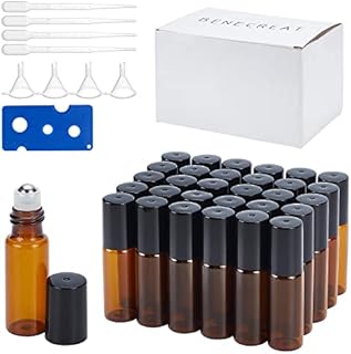 BENECREAT 30 Pack 5ml Amber Glass Roller Bottles Essential Oils Roller Bottles with Stainless Steel Roller Balls for Essential Oils/Other Liquids