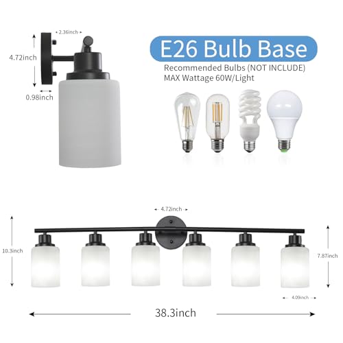 YAO BANG 6 Light Black Bathroom Light Fixtures, Bathroom Vanity Light Modern Bathroom Wall Light Fixture Matte Black Bathroom Light Fixture Frosted Glass for Mirror Hallway Bedroom Cabinet, E26 Base by YAO BANG - Image 3
