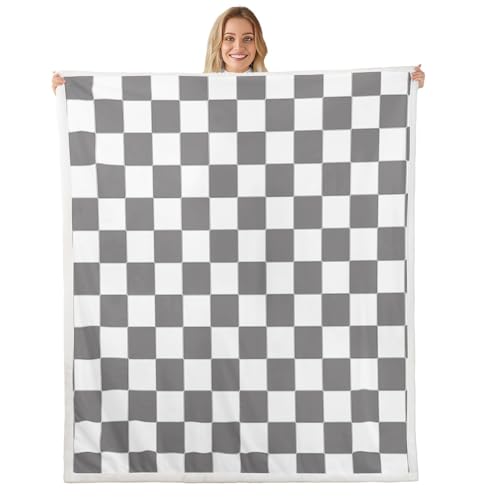 Image of Erosebridal Gray Checkered Sherpa Blanket Queen 90 inchX90 inch White Grey Checkerboard Grid Fleece Bed Blanket,Geometric Buffalo Plaid Throw Blanket for Kids Boys Teen Adults Men Gingham Fuzzy Blanket