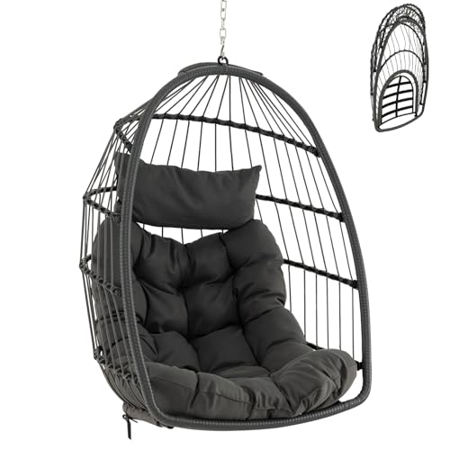 COSTWAY Swing Egg Chair, Foldable Rattan Hanging Chair with Soft Cushion and Head Pillow, Indoor...