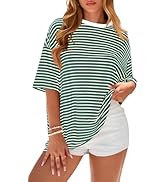 PRETTYGARDEN Womens Oversized Cute Tops Casual Striped Short Sleeve Shirt Women Trendy 2026 Sprin...
