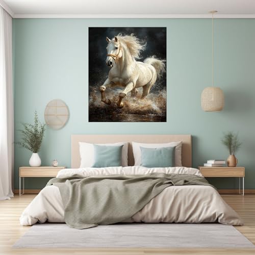 Tableau cheval blanc au galop 30x45cm avec cadre décoration murale