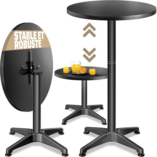 Casaria® Mange Debout Table Haute 2 en 1 - Table Bar Salle à Manger - Plateau Pliable 60 cm - Réglable 70/115 cm - Acier Inoxydable - Noir Laqué - Intérieur/Extérieur - Charge Max 60 kg