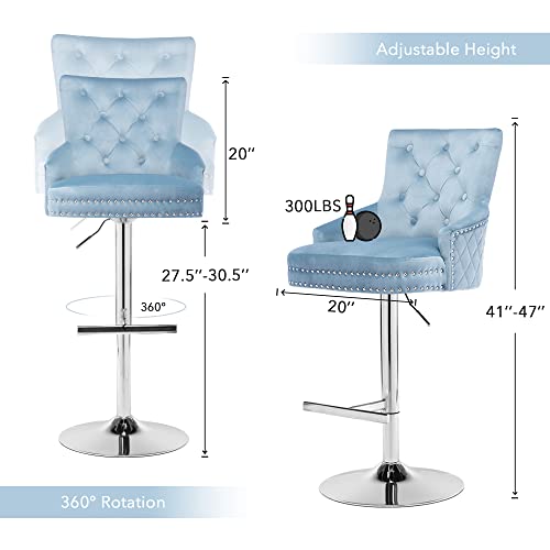 Gatosig Kitchen Counter Height Bar Stools Set Of 2, Adjustable Swivel Barstools With Back, High Tufted Arm Bar Chairs With Stainless Steel Footrest (Light Blue) #TOP2