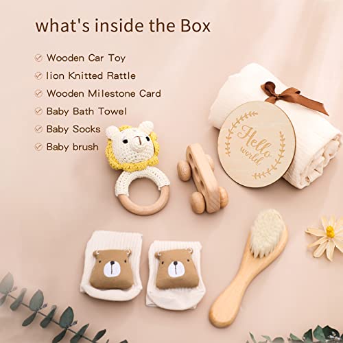 Image of New Born Baby Gift Basket, Baby Boys Girls Shower Gifts with Wooden Lion Rattle, 6PCs New Born Essentials Bath Set with Baby Brush,Blanket,Milestones Cards