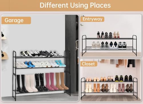Image of KEETDY 2-Tier Long Shoe Rack for Closet Metal Shoe Organizer for Entryway, Wide Stackable Shoe Storage Shelf with Sturdy Wire Grid for Closet Floor, Bedroom, Black