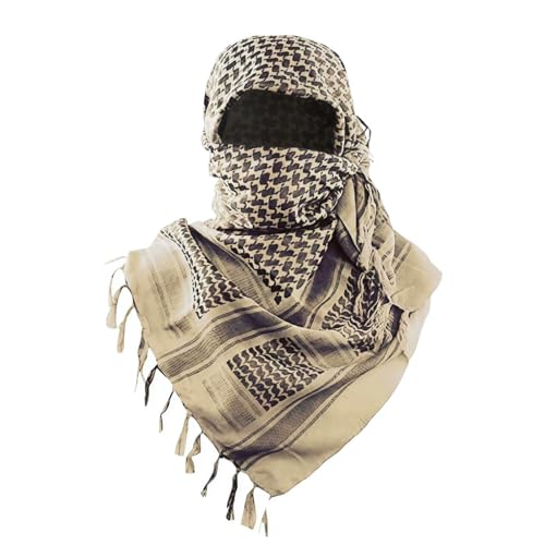 100% Cotton Shemagh Scarf 110x110 cm, Desert Style Checked Keffiyeh Wrap, Lightweight Square Head Neck Scarf for Men and Women, Beige and Black