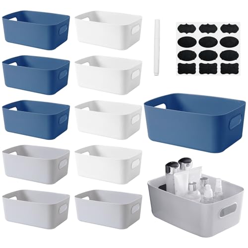 JJZGPP 12 Panier de Rangement Plastique,Panier avec Poignée Empilable Boîte,Panier Rangement Salle de Bain Convient aux Cuisine, Chambre,Bureau(3 couleurs)