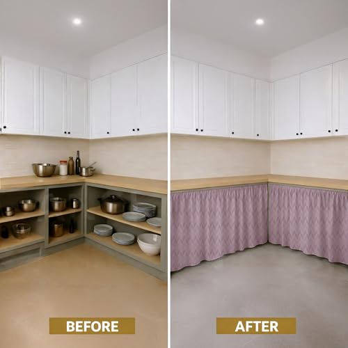 Image of LINENWALAS Under Sink Curtain for Kitchen - Pack of 2 | Herringbone Embossed Design Polyester Under-Sink Cover | Storage-Hiding Curtain with Rod Pocket | Kitchen & Bathroom (132x71 CM, Lilac)