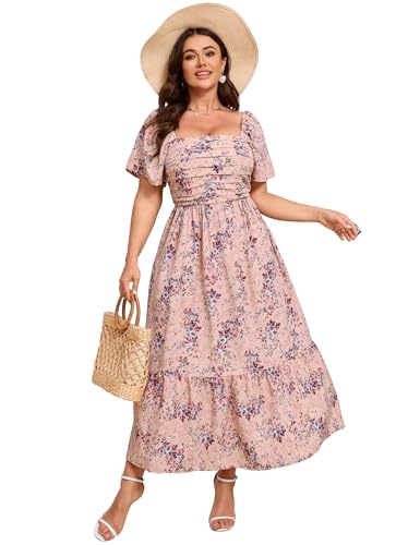 Image of ShopWonder Women Plus Size Dress Short Sleeve Square Neck Floral Maxi Pleated Ruffle A Line Long Dress