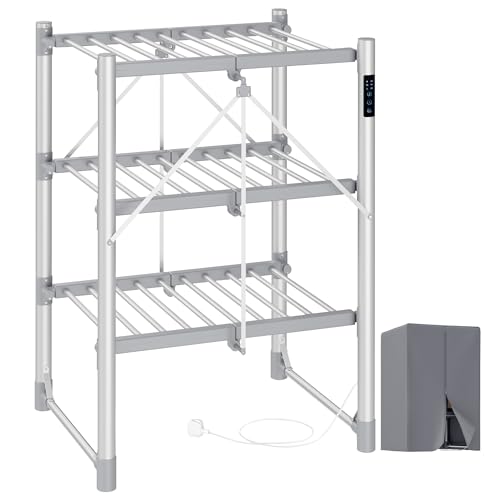 SONGMICS Heated Clothes Airer, 3-Tier Large Electric Clothes Dryer Rack, Foldable, Indoor Drying for Laundry, Control Panel, with Fabric Cover, Aluminium Alloy, Silver LLR705EZ01