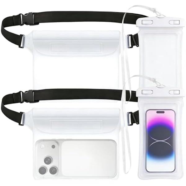 Wodoszczelne etui na telefon komórkowy, 4 sztuki, przezroczyste, podwodne etui na telefon komórkowy, wodoszczelna torba biodrowa z regulowanym paskiem, IPX8, do sportów wodnych, pływania (biała)