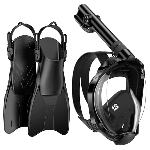 W WSTOO Mask Fins Snorkel Set,Snorkeling Gear for Adults,Full Face Snorkel Mask & Adjustable Swim Fins,Dry Top System Anti-Fog Anti-Leak