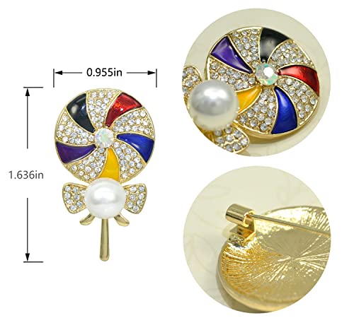 Image of Gyn&Joy Golden Tone Clear Crystal Rhinestone Enamel Faux Pearl Lollipop Candy Brooch Pin Lapel Pin BZ160