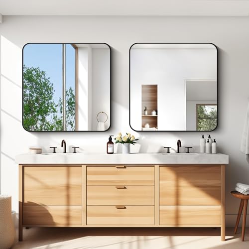 Image of Bathroom Mirror, 36 inchx36 inch Black Square Wall Mirror, Metal Frame Rounded Corner Vanity Mirror, Large Wall Mounted Mirror for Modern Bedroom Living Room Horizontal Or Vertical Mounting
