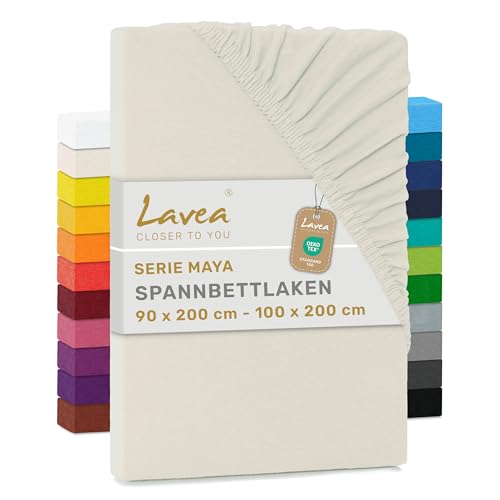 Lavea® Spannbettlaken 90x200cm - 100x200cm Maya Jersey, Bettlaken aus 100% Baumwolle, mit Rundumgummi für Matratzen bis 20 cm, atmungsaktiv, pflegeleicht, formstabil, Spannbetttücher, Creme Naturweiß