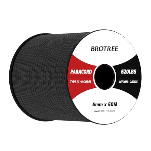 Brotree Paracord 4mm 50M 9 Stränge 100% Nylon Seil Schnüre Typ III für Survival, Outdoor, Heimwerken - Bruchlast 280kg (Schwarz)