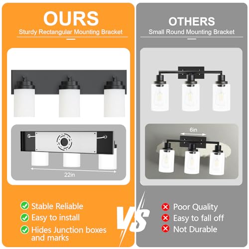 Image of IZORRO Bathroom Vanity Light Fixture, 3-Light 22 Inch Matte Black Bathroom Light Fixtures Over Mirror, with White Glass Shade, Modern Farmhouse Vanity Lights, Rustic Restroom Lighting Fixtures