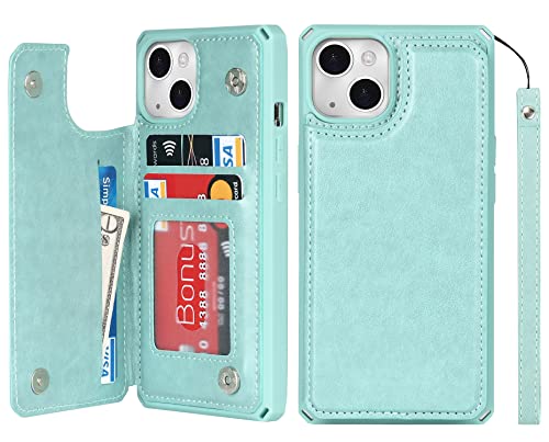 Étui portefeuille iPhone 13 iCoverCase en cuir menthe avec porte-cartes