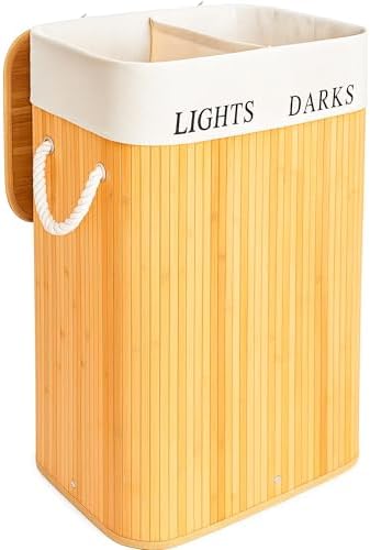 edihome, Cesto Ropa Sucia, 2 Compartimentos, Cesta con Tapa, 72 Litros, Cubo, Laundry Basket, Plegable, Bolsa Lavable Extraíble, Asas, de Bambu, para Colada (Natural)