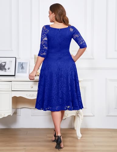 Image of Dressystar Womens Long-Sleeve Wedding Guest Dress A-Line Lace Formal Party Cocktail Midi Dress Prom Gown