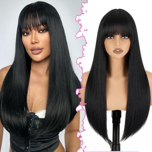 SUKRI Black Wig with Bangs Long Straight Wigs for Women 22 Inch