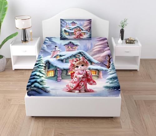 Image of Digital Printed Heavy Quality Glace Cotton 7D Bedsheet for Single Bed, 60 inch x 90 inch Flat Bedsheet with 1 Matching Pillow Cover for Kids, 300 TC (Cat)