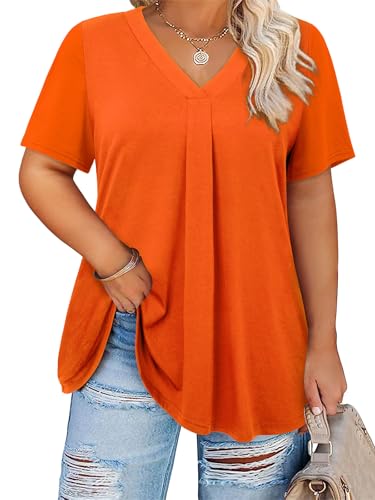 Siddhe Plus Size Summer Tops for Women 2025 Short Sleeve Tunic Tops Dressy Casual Pleated V Neck Shirts XL-5XL