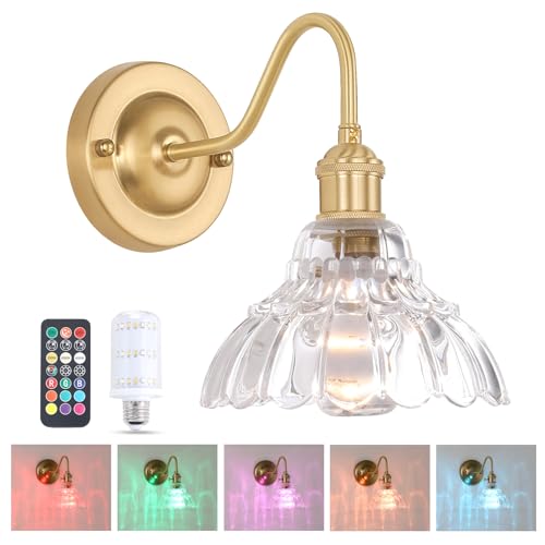 Image of Shenmoyl Battery Operated Wall Sconce, Vintage Rechargeable Wall Lights with Clear Lily Glass Shade, Wireless Indoor Wall Lamp with Remote for Bedroom Living Room Bathroom Hallway