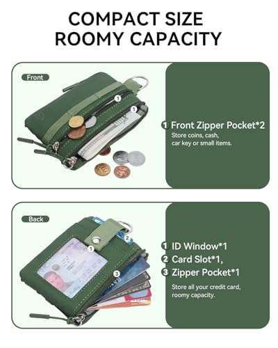 Image of BOSTANTEN Small Wallet RFID, Minimalist Zip ID Case Wallet with Lanyard Keychain, Water Resistant Card Wallets for women & Men, Green