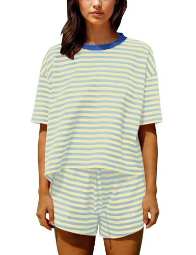 Image of Ythomm Striped Pajamas Shorts Sets Women 2 Piece Lounge Outfits Short Sleeve Tees Drawstring Shorts Summer Matching Pj Sets