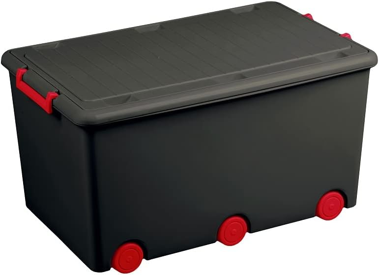 Multifunctional Storage Box for Toys and Other Items Sturdy Plastic Container with Wheels Stackable Capacity 60L Snap Lock 57 x 36 x 31 cm Graphite Red