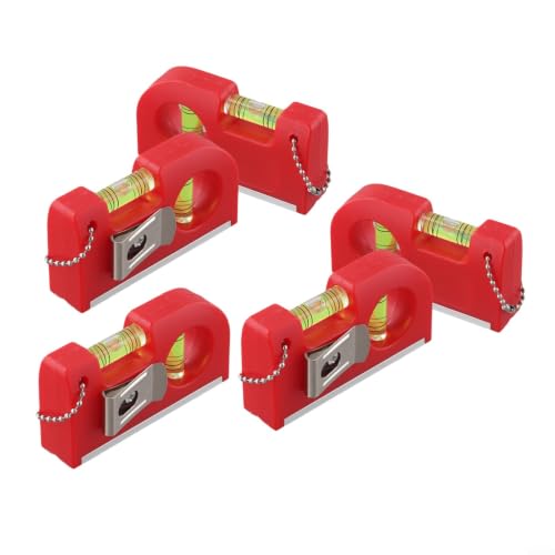 Paquete de 5 llaveros de nivel de bolsillo 2 en 1, nivelador de burbujas con gancho de cadena de metal, herramienta de medición vertical horizontal, caja de aleación de aluminio rojo para bricolaje en
