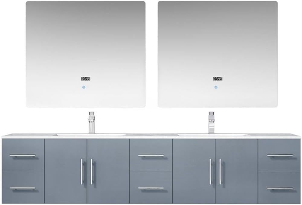 Geneva 84 in. W x 22 in. D Dark Grey Double Bath Vanity, Carrara Marble Top, Faucet Set and 36 in. LED Mirrors
