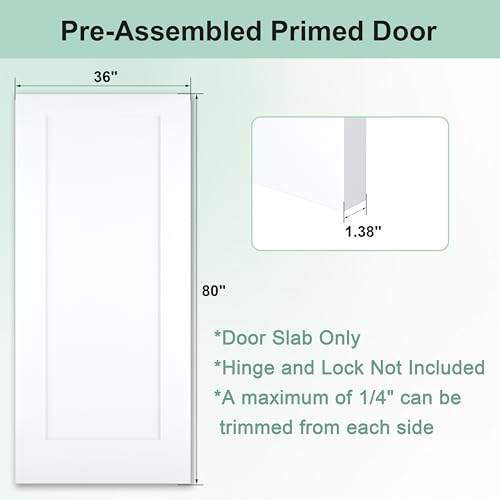 Image of JUBEST 36 inchx80 inch 1-Panel Shaker Style White Primed Hollow Core Interior Molded Door Slab, NOT Pre-drilled and NOT Included Hardware, Pre-Assembled Interior Door for Pantry, Laundry, Closet