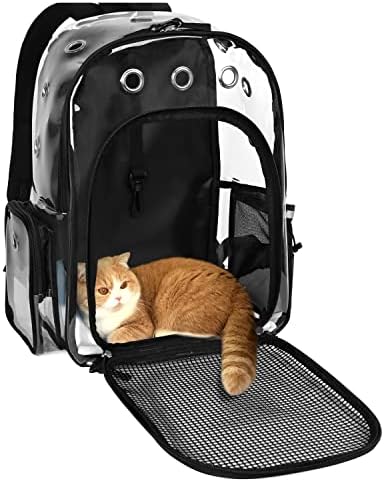 Pet Cat Dog Backpack Carrier Travel Hiking Mesh Front Dog Backpack Carrier for Cat Rabbit Small Animal Breathable Clear Lightweight Pet Backpack for Outdoor Walking (Black 2-10lbs)