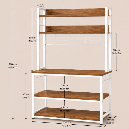 Image of 5-Tier Kitchen Organizer Rack-Multipurpose Microwave Stand for Kitchen Platform & OTG Oven-Steel Utensils Storage Shelf with Hooks - Engineered Wood & Metal Rack for Home- 100x40x170 cm - White /Brown