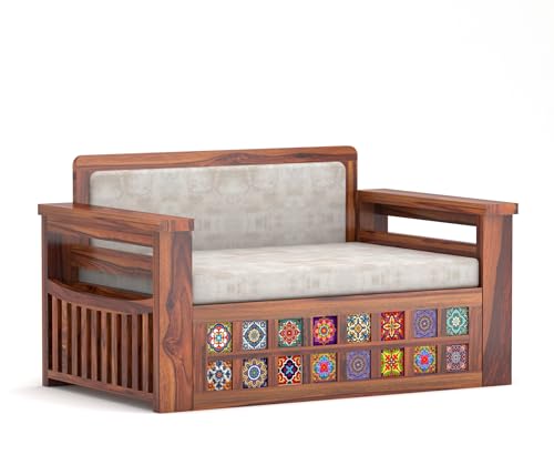 Image of Solid Wood Sofa Cum Bed with Decorative Tile Design | Modern Pull-Out Wooden Diwan Bed with Cushioned Seating | Convertible 2 Seater Sofa Bed for Living Room (Honey Finish)