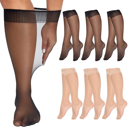MANZI 6 Pairs Plus Size Knee Highs for Women 15 Denier Sheer Nylon Socks Knee High Stockings Black/Natural X-Lagre-XX-Large