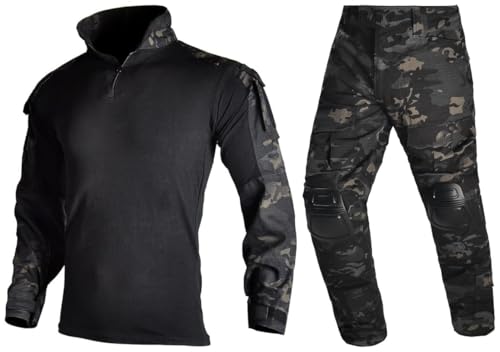 LOONG FLAG CLAN Men’s Combat Shirt&Tactical Pants，Tactical Ripstop Camo Shirt&MilitaryWater Resistant Ripstop Cargo Pants Small