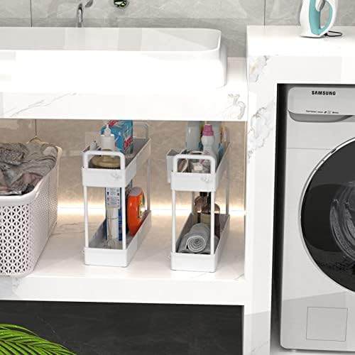 Ronlap Under Sink Storage, 2 Tier Kitchen Organizer, Kitchen Storage Shelf, Multifunctional Bathroom Organizer with Hanging Cups, Hooks, White