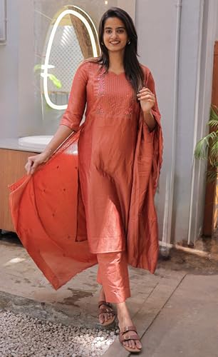 Image of Women Cotton Kurta Pant Set with Chanderi Cotton Dupatta | 3-Piece Straight Fit 3 /4 Sleeves Kurta with V-Neck | Ethnic, Festive & Casual Wear for Women| 3 Piece Set