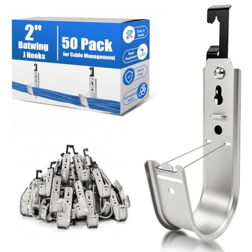 Image of 50 Pack 2 inch Galvanized Steel Batwing J Hooks with Retainer Clips | Cable Supports for Ceiling Wire and Threaded Rod, CAT5, CAT6, Coax and Fiber Optic
