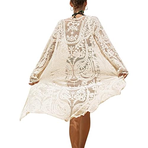 Women's Lace Cardigan Floral Crochet Sheer Beach Cover Ups Long Open Kimono