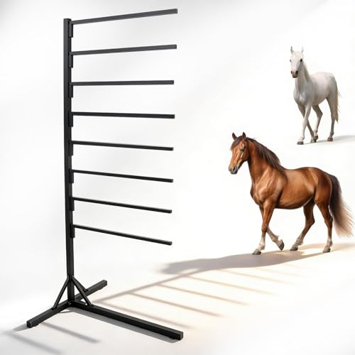 BBTEQEKN 8 Tier Saddle Pad Rack with Stand Long Rack Arms Horse Blanket Holder Suitable for Stable Light Portable Saddle Pad Rack Tack Room Utility Rooms Horse Trailers Black