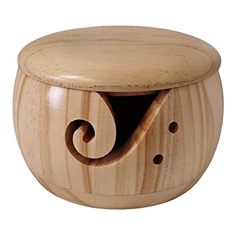 LNJ Garnschale - Wollhalter Mit Deckel Für Strick- Und Häkelprojekte - Handgefertigte Wollball Organizer Aus Holz - Garnaufbewahrung Mit Löchern - Schützt Wolle Und Verhindert Verheddern (Stil B) Cover